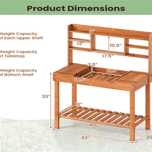 61英寸木制园艺工作台：翻转式桌面+隐藏式隔间，3层存储，净重35磅，硬木花园桌-6