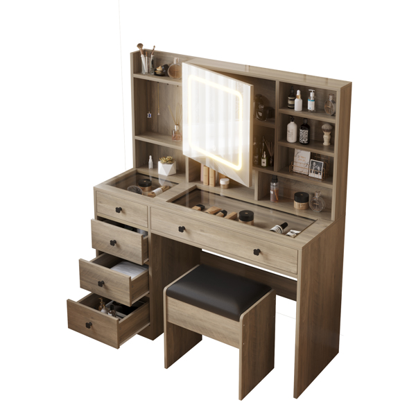 9262灰 刨花板 钢化玻璃桌面 贴麻面三胺 5抽 带层架 带挂钩  梳妆桌套装 带排插 LED三色调光-8