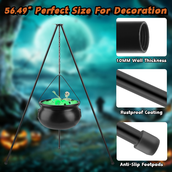 （自提可发加拿大，temu&tk下自提单）万圣节女巫坩埚装饰套装，金属三脚架、骷髅装饰及2串灯饰，室内外皆宜，轻松安装，适用于门廊、庭院、花园派对装饰。-3