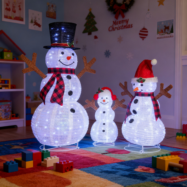 3pcs 4ft 3ft 2ft 白色 红格围巾雪人一家 雪花闪粉布 270L白光LED灯 伸缩款 圣诞灯饰雪人 31V 3.6W 英规-11