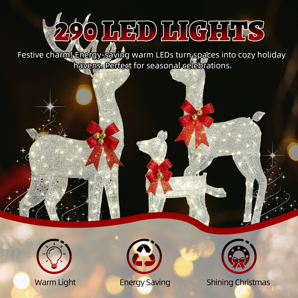 3pcs 5FT  银色 家庭麋鹿 290LED暖白灯 闪粉网纹布 圣诞灯饰麋鹿 30V 6W-2