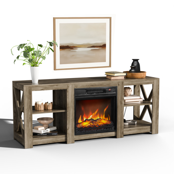 58寸灰古橡木色双面交叉壁炉柜 149*40*60cm 18寸壁炉芯