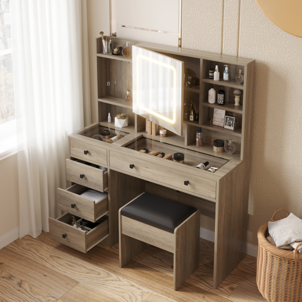 9262灰 刨花板 钢化玻璃桌面 贴麻面三胺 5抽 带层架 带挂钩  梳妆桌套装 带排插 LED三色调光-12