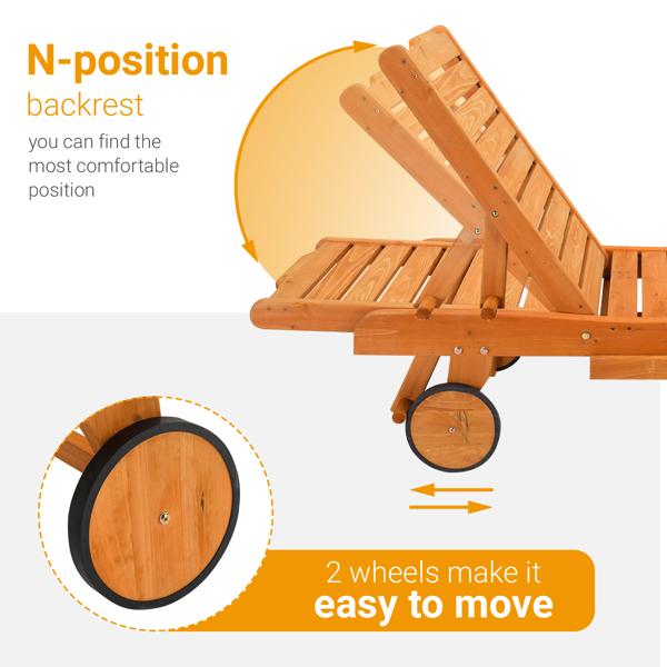  杉木 带轮带抽屉 两档调节 庭院木躺床 183*58*36.5cm 原木色 户外庭院 N001-16