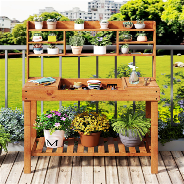 61英寸木制园艺工作台：翻转式桌面+隐藏式隔间，3层存储，净重35磅，硬木花园桌-8