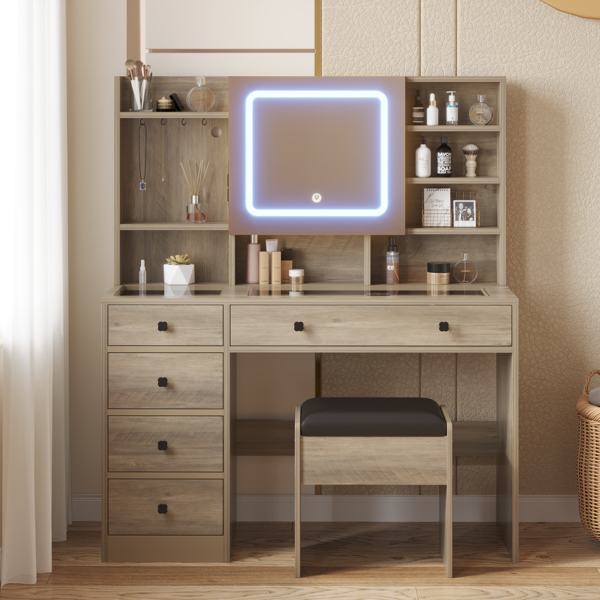 9262灰 刨花板 钢化玻璃桌面 贴麻面三胺 5抽 带层架 带挂钩  梳妆桌套装 带排插 LED三色调光-10