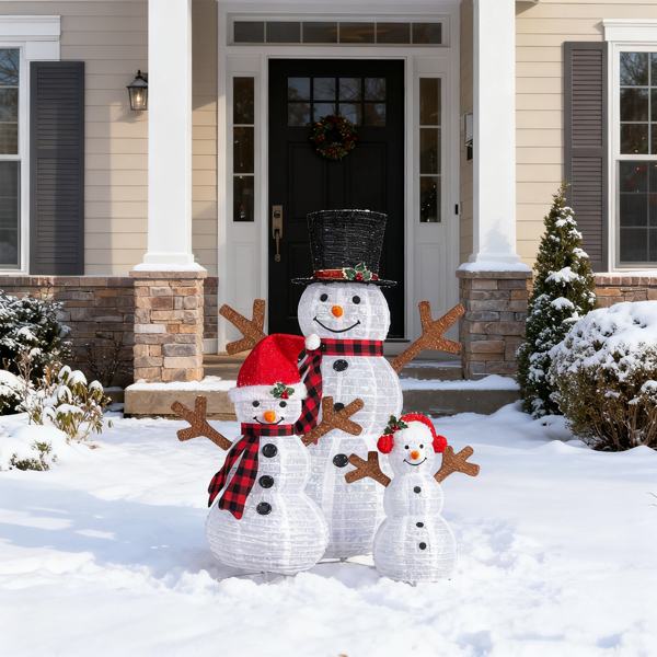3pcs 4ft 3ft 2ft 白色 红格围巾雪人一家 雪花闪粉布 270L白光LED灯 伸缩款 圣诞灯饰雪人 31V 3.6W 英规-12