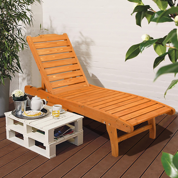  杉木 带轮带抽屉 两档调节 庭院木躺床 183*58*36.5cm 原木色 户外庭院 N001-22