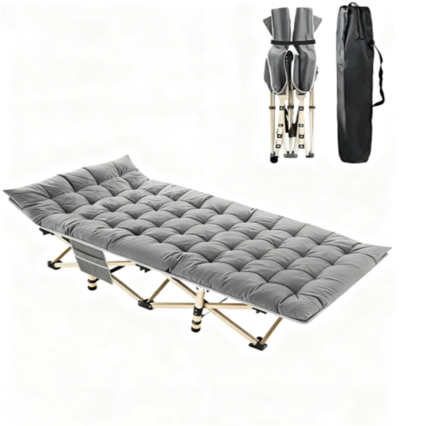 灰色户外露营床，带垫子和手提包，重型户外床-3
