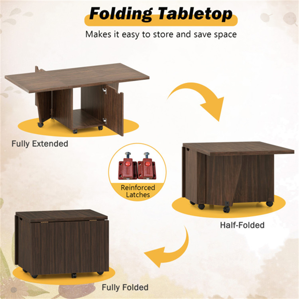 48英寸可折叠咖啡桌可扩展中央桌，带储物柜和轮子-核桃色-7