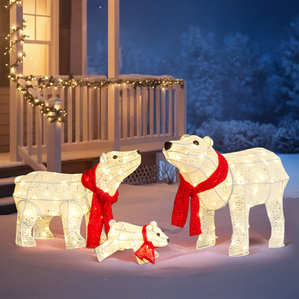 3pcs 27.5in 白色 北极熊一家 绕线撒粉 190L暖白皮线灯 圣诞灯饰经典元素 30V 3.6W 美规-11