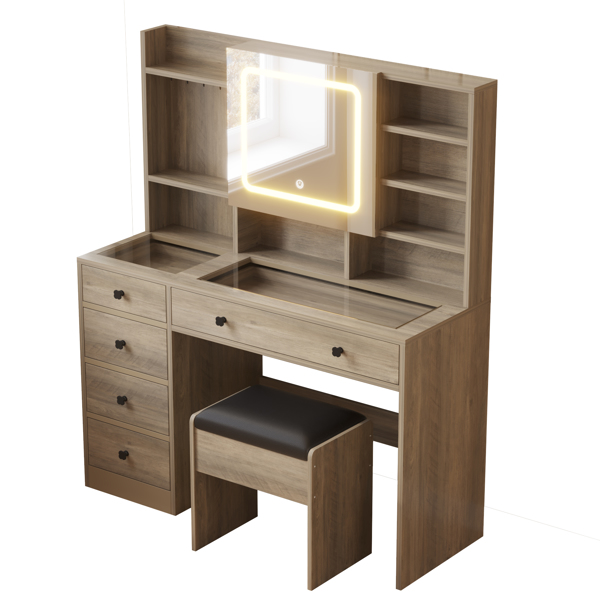 9262灰 刨花板 钢化玻璃桌面 贴麻面三胺 5抽 带层架 带挂钩  梳妆桌套装 带排插 LED三色调光-2