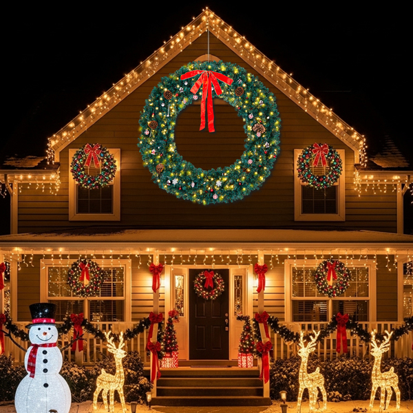 72in 绿色 花环 带蝴蝶结 红银色配饰 1200枝头 300LED暖白灯8模式  带遥控   PVC 圣诞PVC花环 30V 3.6W 美规-7