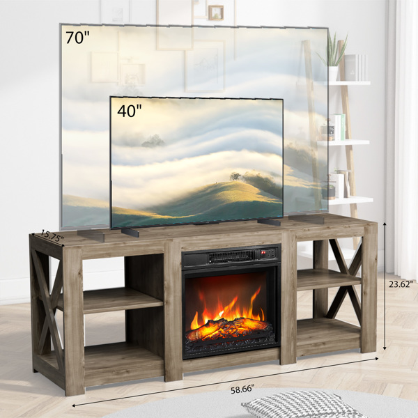 58寸灰古橡木色双面交叉壁炉柜 149*40*60cm 18寸壁炉芯-6