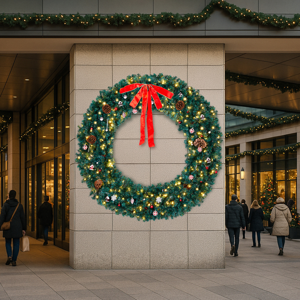 72in 绿色 花环 带蝴蝶结 红银色配饰 1200枝头 300LED暖白灯8模式  带遥控   PVC 圣诞PVC花环 30V 3.6W 美规-8
