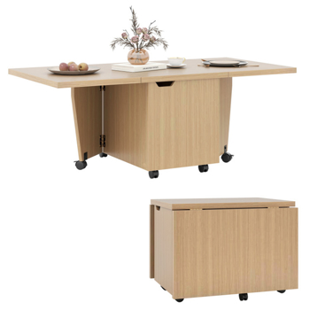 48英寸可折叠咖啡桌可扩展中央桌，带储物柜和轮子-橡木