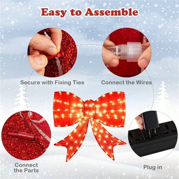 37英寸圣诞蝴蝶结装饰：150个温暖的LED，红色织物，防风雨，2个吊环，门/围栏/车库易于组装-7