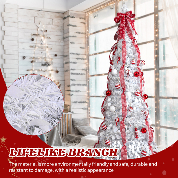 7ft 白色 伸缩圣诞树 PVC 170暖白灯8模式  带红白色配饰 圣诞树 30V 3.6W 美规-13