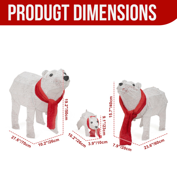3pcs 27.5in 白色 北极熊一家 绕线撒粉 190L暖白皮线灯 圣诞灯饰经典元素 30V 3.6W 美规-4