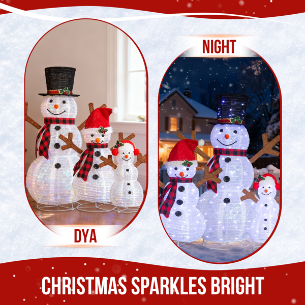 3pcs 4ft 3ft 2ft 白色 红格围巾雪人一家 雪花闪粉布 270L白光LED灯 伸缩款 圣诞灯饰雪人 30V 3.6W 美规-7