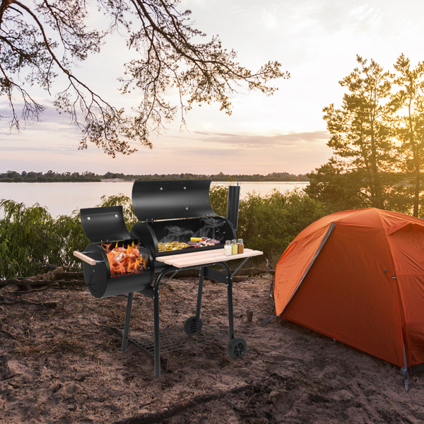 44*25*44in 黑色 双炉带烟囱 油桶形 碳烤炉-29