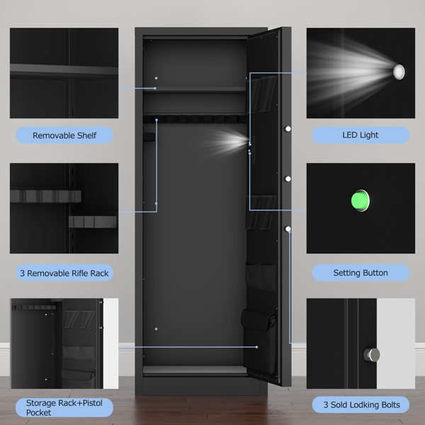 大型重型枪支保险箱，适用于步枪和手枪 - 55.2 英寸枪支安全柜，配有电子锁、LED 灯和可拆卸搁板不支持Self-Pick Up-3