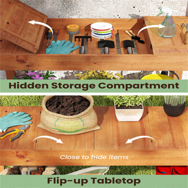 61英寸木制园艺工作台：翻转式桌面+隐藏式隔间，3层存储，净重35磅，硬木花园桌-9
