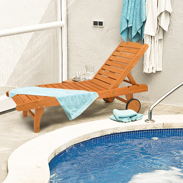  杉木 带轮带抽屉 两档调节 庭院木躺床 183*58*36.5cm 原木色 户外庭院 N001-18