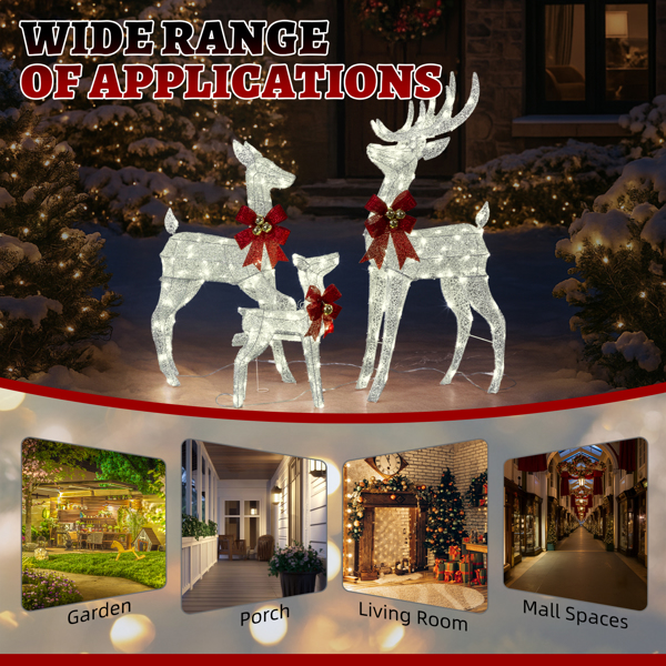 3pcs 4FT  银色 家庭麋鹿 210LED暖白灯 闪粉网纹布 圣诞灯饰麋鹿 30V 3.6W-6