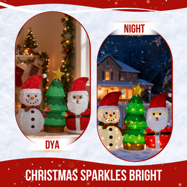 3pcs 30in 28in 28in 圣诞老人雪人树组合 葱布 150L暖白光皮线灯 伸缩款 圣诞灯饰经典元素 4.5V 3.6W 英规-6