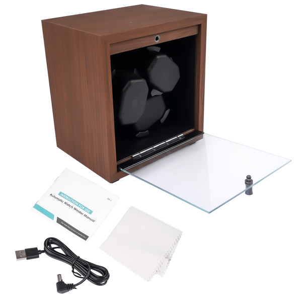 摇表器 Wooden 3 Automatic Watch Winder, Black Walnut Grain Super Quiet Rotating Box Shaker, 4 Rotation Mode, Blue LED Light, Black High Elastic Memory Foam Pad Replacement for Lady and Man Watches-2