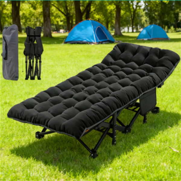 黑色户外露营床，带垫子和手提包，重型户外床-2