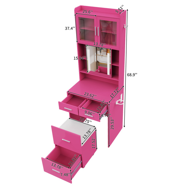 芭比粉 刨花板 贴麻面三胺 3抽2门 1LED3色调光可滑动镜 梳妆桌套装 带RGB灯带 1对羊角钩 排插 吹风机座 脚轮 小尺寸-7