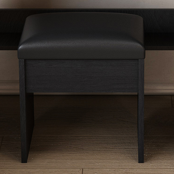 带镜子、可调节LED灯、电源插座、吹风机支架和凳子的梳妆台——适用于小卧室的紧凑型梳妆台（黑色）-8