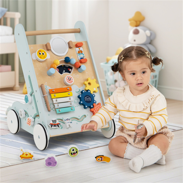 8合1木制婴儿学步车推拉学习活动中心，带轮子，适合1岁以上幼儿-绿色-3