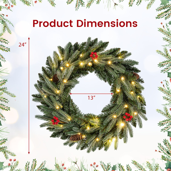 24英寸圣诞花环（绿色）-20个暖白色LED+松果+红色浆果-9