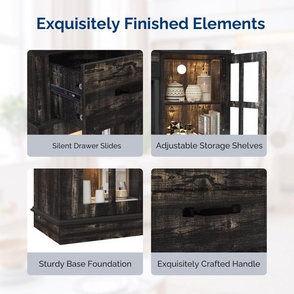 58寸黑金橡木色二门二抽一搁架方格玻璃壁炉柜 147.4*45*80cm 24寸三面玻璃壁炉芯-4