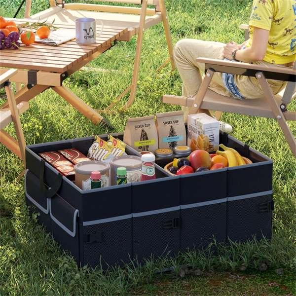 13加仑汽车后备箱收纳器-3个隔间+6个口袋，600D牛津布，防滑底座，黑色-10