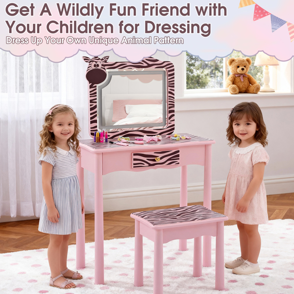 马卡龙粉 密度板+实木腿 喷漆+丝印 斑马 1抽 儿童梳妆桌套装 LED三色调光触摸开关-11