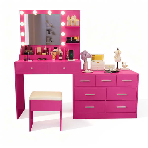 芭比粉 刨花板 贴麻面三胺 9抽2层架 1桌面收纳 梳妆桌套装 带三色调光灯泡 组合柜-3
