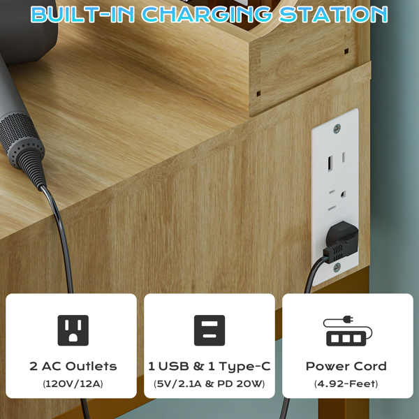 橡木色 刨花板 贴麻面三胺 1抽3格 梳妆桌套装 带8粒三色调光灯泡 排插 格栅系列-5