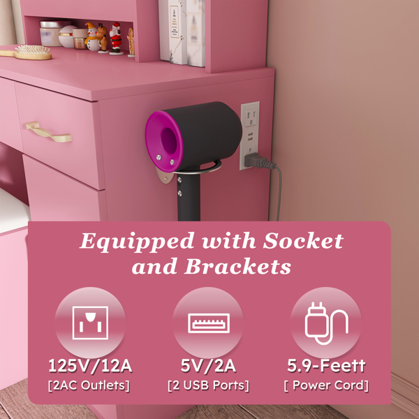 带LED镜灯和电源插座充电站的梳妆台，带3个抽屉、7个搁板和储物凳的化妆梳妆台，适合女孩和女士（粉色）-23