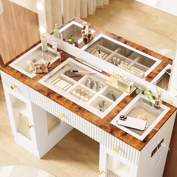 43.3英寸梳妆台，配有大镜子和好莱坞灯泡，现代玻璃台面化妆台，带抽屉和电源插座，大型梳妆台，带3种颜色照明模式和RGB柜子，适用于卧室-3