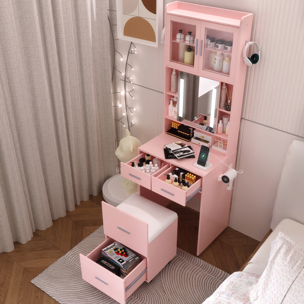 苹果粉 刨花板 贴麻面三胺 3抽2门 1LED3色调光可滑动镜 梳妆桌套装 带RGB灯带 1对羊角钩 排插 吹风机座 脚轮 小尺寸-12