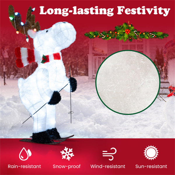 44英寸动画滑雪圣诞驯鹿-98个冷白色LED+12个彩色串灯，红色围巾-6