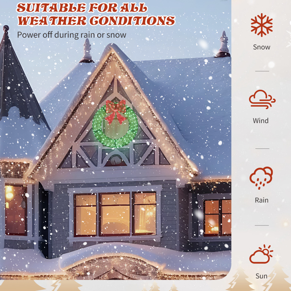 36in 绿色 花环带蝴蝶结  225L皮线灯 绿色加红光 带遥控带定时 圣诞灯饰花环 30V 3.6W 美规-6