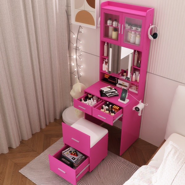 芭比粉 刨花板 贴麻面三胺 3抽2门 1LED3色调光可滑动镜 梳妆桌套装 带RGB灯带 1对羊角钩 排插 吹风机座 脚轮 小尺寸-12