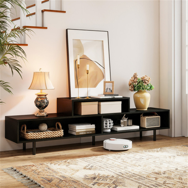 63英寸电视支架，适用于70英寸电视-3个分类隔间，乡村棕色/黑色/白色，工程木+金属-2