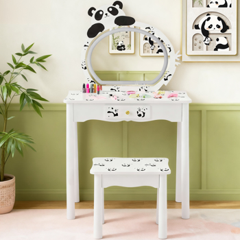 黑白熊猫 密度板喷漆 实木腿 1抽 儿童梳妆桌套装 LED三色调光触摸开关