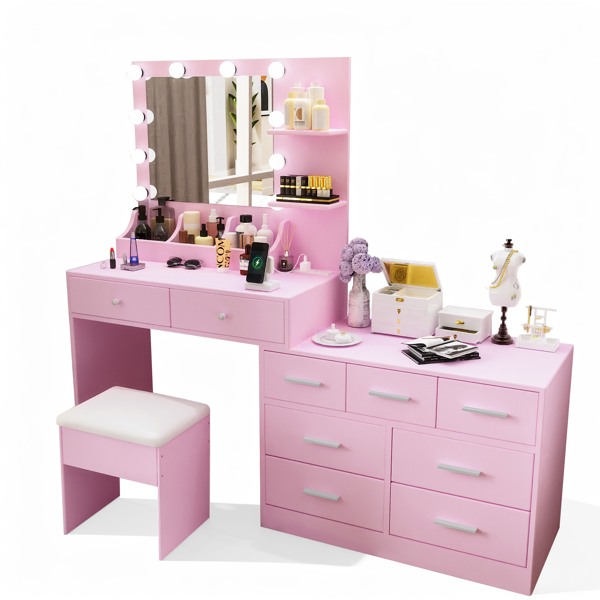 马卡龙粉 刨花板 贴麻面三胺 9抽2层架 1桌面收纳 梳妆桌套装 带三色调光灯泡 组合柜-7